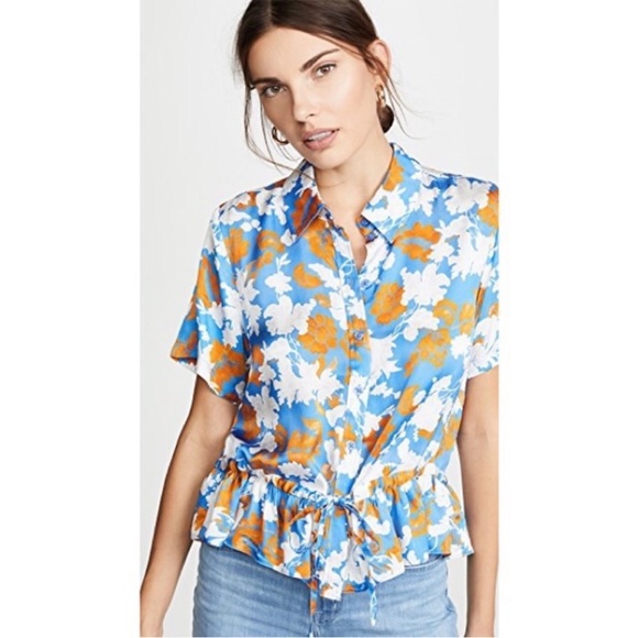 STINE GOYA Tops - STINE GOYA Makayla "Wallpaper" Blue Orange Floral Peplum Button Down Blouse